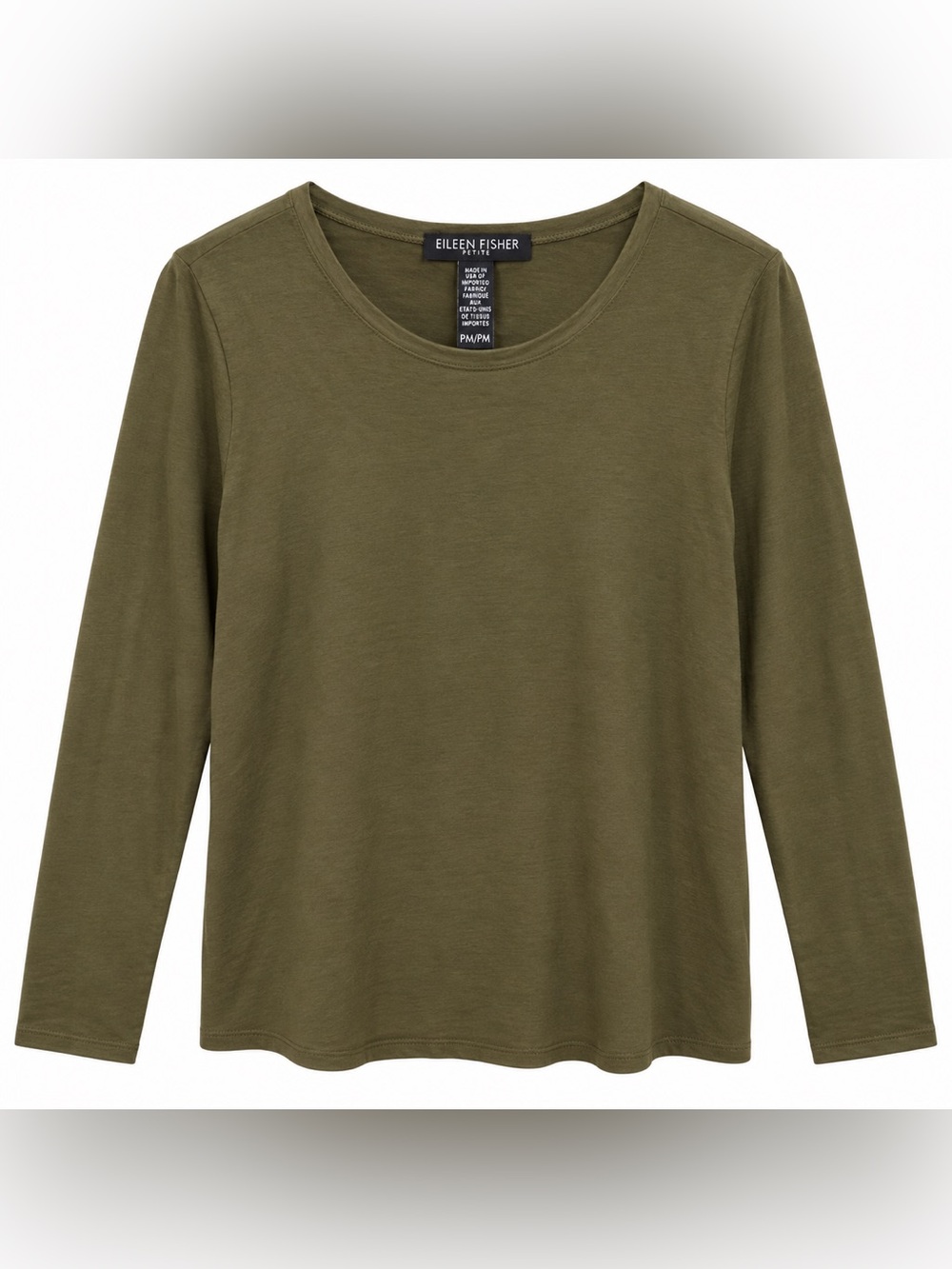 Eileen Fisher Petites PM Olive Green Long Sleeve Top Stretch Viscose USA Made